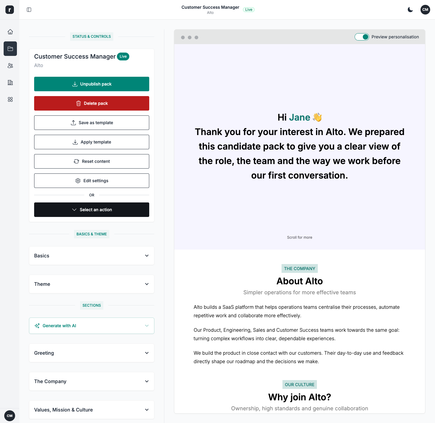 A candidate landing page for your next conversation
